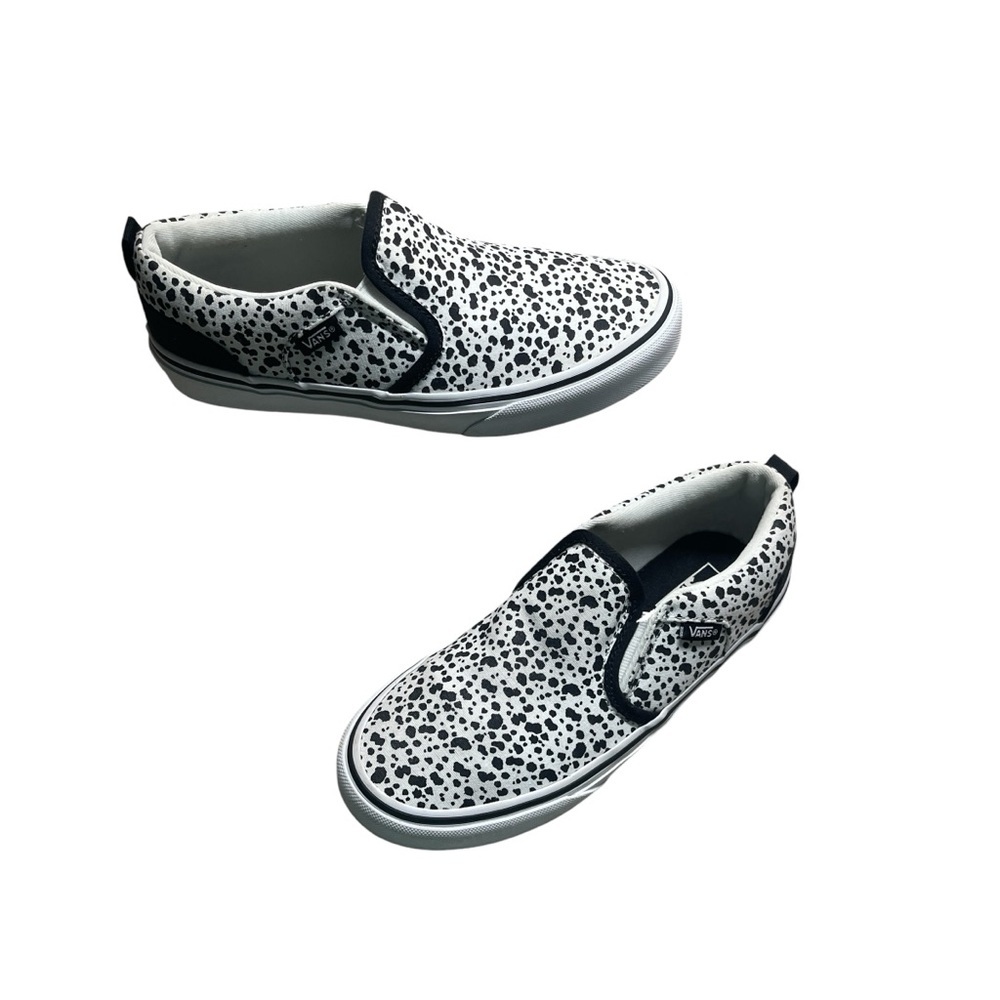 Vans Asher Low Rise Slip On Black White Dalmatian Print Sneakers Girls size 4